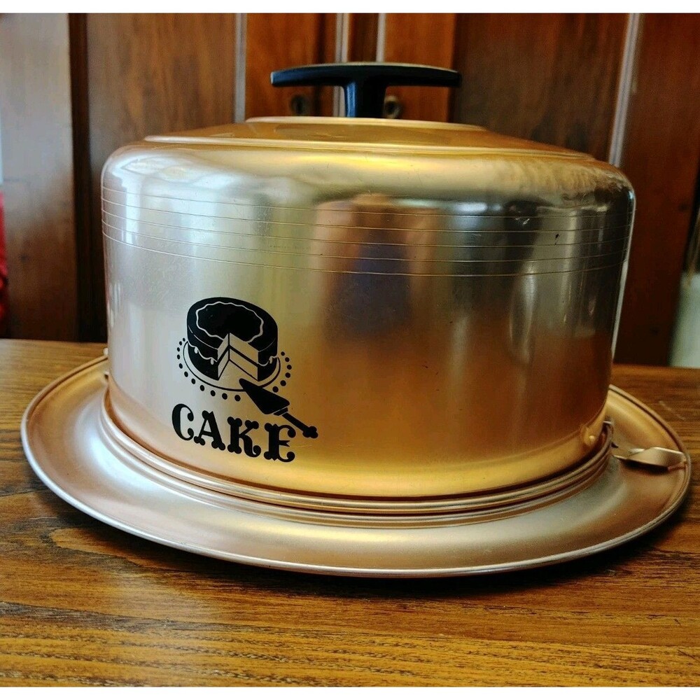 VTG 50s West Bend Rosey Copper Colored Metal locking Cake Carrier 14.5" dia.